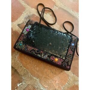 Vintage La Regale Hand Made Black Satin Sequin Colored Beads Handbag Evening Bag